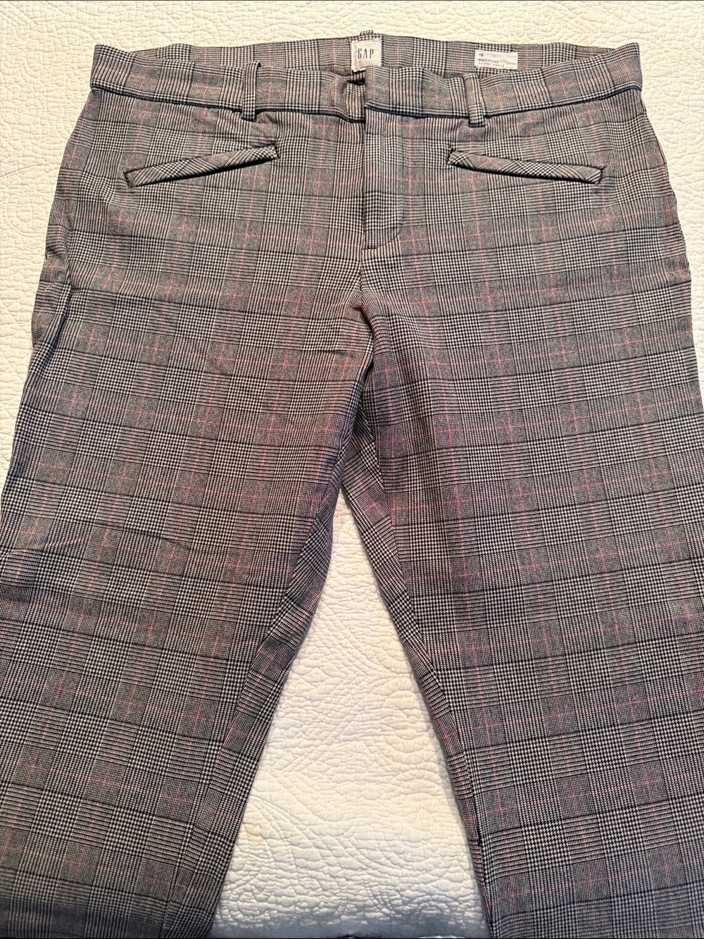 GAP Gray Plaid Trousers with Pink Windowpane pattern.